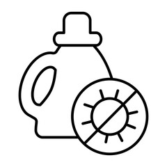 Detergent bottle with bacteria thin line icon, antibacterial agent concept. Vector graphics. Bottle nd bacteria ban sign on white background, style icon mobile or web design.
