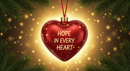 Hope in every heart with festive heart ornament, surrounded by glittering lights and evergreen branches. Hope in every heart is a sentiment that resonates during holidays.