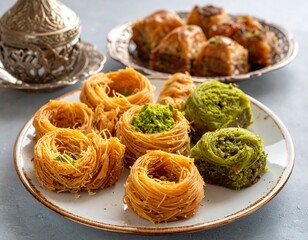 Assorted Middle Eastern sweets on a plate, with golden bird nests and pistachio-covered baklava bites on light blue
