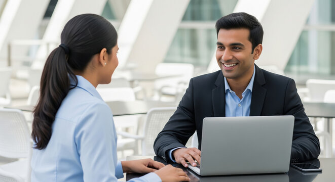 Indian Business Professionals Collaborating on Laptop in Modern Office Setting