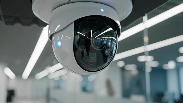 Security Camera in Modern Office Hallway Monitors Activity