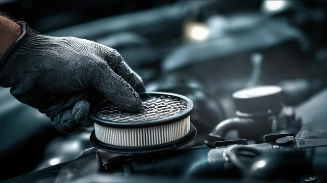Close-up: Mechanic's Gloved Hand Installing a New Air Filter in a Car Engine