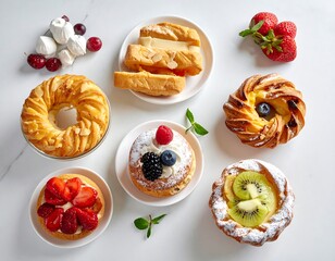 Assorted pastries arranged on a marble surface with various fruits and meringue pieces