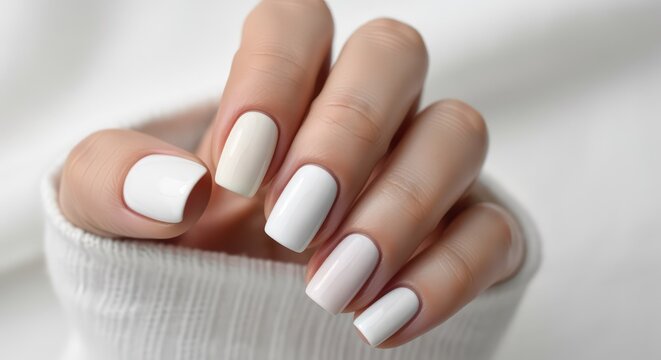 Elegant woman's hand displays flawless milky white manicure against soft sweater, perfect for beauty blogs or nail salon promotions