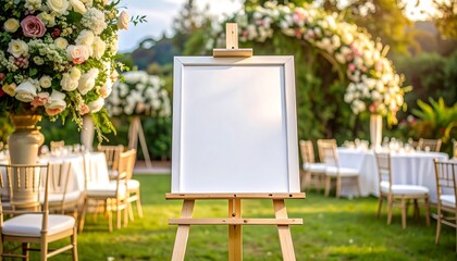 Blank easel sign at a floral outdoor wedding venue, with tables set for a beautiful celebration
