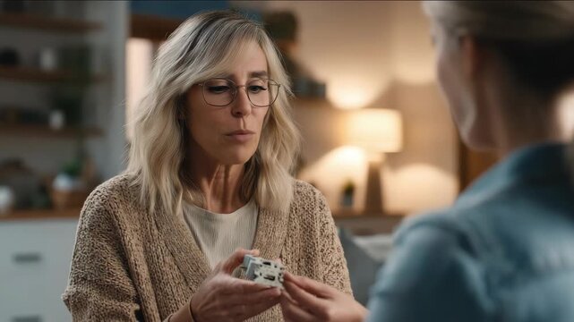 Friendly female electrician or technician in workwear explaining repair or installation details holding an electrical component