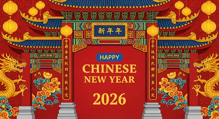 Happy chinese new year 2026 ornate red traditional entrance gate with golden decorations holiday banner