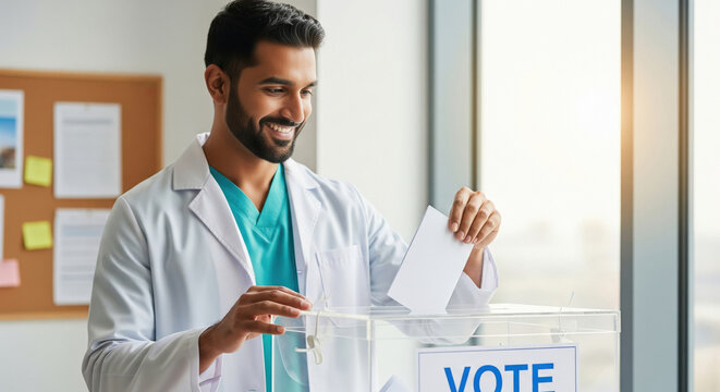 Smiling Doctor Casts Vote in Clinic Election