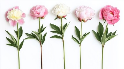 Close-up shot of five peony flowers on white background