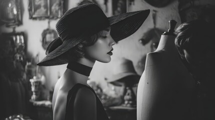 Elegant woman in wide brim hat poses near dress form in dimly lit interior space
