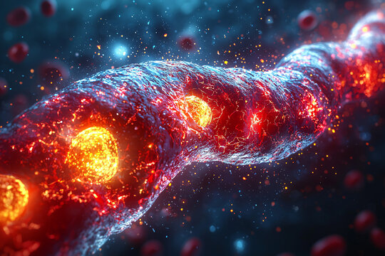 A vibrant, digital illustration of blood vessels with glowing cells, showcasing the dynamic movement of blood through a colorful and abstract background.
