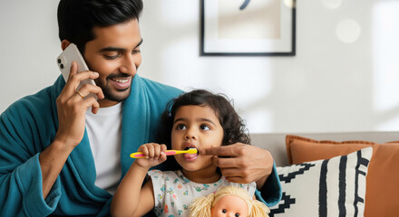 Happy dad helps daughter brush teeth during phone call