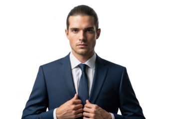 Professional businessman in blue suit portrait, handsome male executive, corporate image, isolated on transparent background