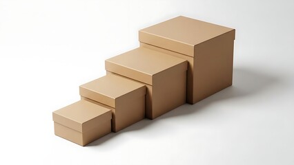 Fototapeta premium Four Brown Cardboard Boxes Stacked in Ascending Order on White Background.