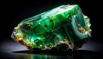 A vibrant green mineral cluster with linear patterns, set against a dark backdrop, highlighting its crystalline structure