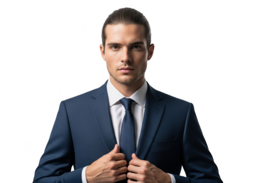 Professional businessman in blue suit portrait, handsome male executive, corporate image, isolated on transparent background