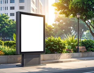 Blank outdoor ad display in a sunny, green cityscape with a bench, lamp, and plants near a sidewalk and roadway