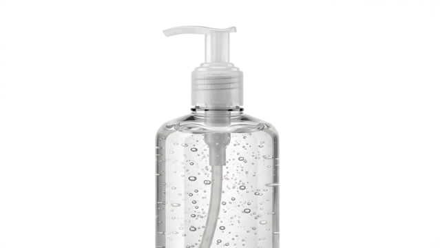 A clear bottle of hand sanitizer with a white pump dispenser on a black background is displayed here