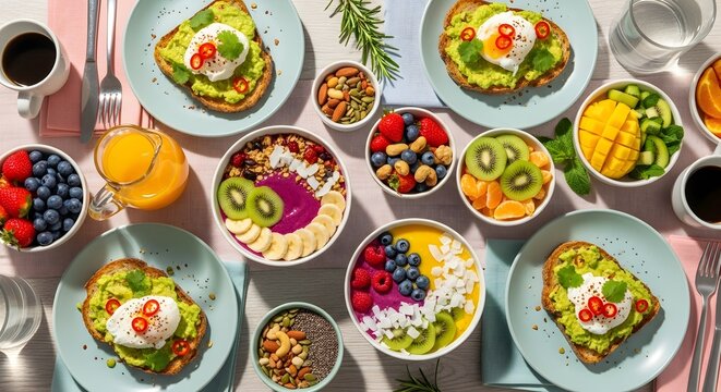 Vibrant healthy breakfast spread with avocado toast and fruit bowls - Powered by Adobe
