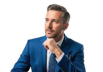 Handsome businessman in blue suit thinking portrait, professional man posing, isolated on transparent background