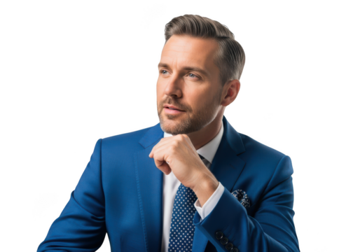 Handsome businessman in blue suit thinking portrait, professional man posing, isolated on transparent background