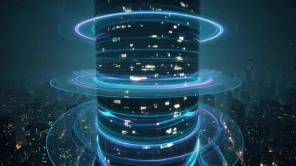 Animation of a modern futuristic smart city abstract hologram 3D city rendering with futuristic matrix. Digital buildings with a binary code particles network. Technology and connection concept - Powered by Adobe