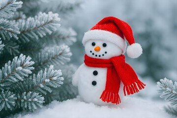 Winter Snowman with Red Hat and Scarf Among Frosty Evergreen Branches