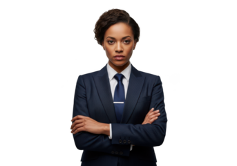 Confident african american businesswoman in suit with arms crossed, professional headshot portrait, isolated on transparent background
