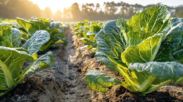 Close up view of green leafy vegetables growing in neat rows under bright morning sunlight