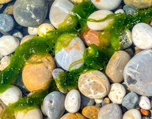 Assorted smooth beach stones, speckled with vibrant green seaweed, under water