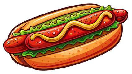 Very beautiful semi-realistic vector illustration of a savory hot dog, featuring a juicy sausage in a soft bun, with detailed textures, vibrant colors, and clean isolated presentation on a white backg
