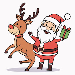 Cute Santa on Reindeer with Present Christmas Illustration