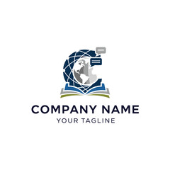 Global education and communication logo with an open book, world map, and chat icons.