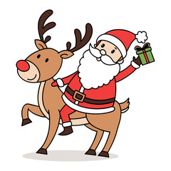 Santa Claus Riding Reindeer Holding Gift Cartoon Design