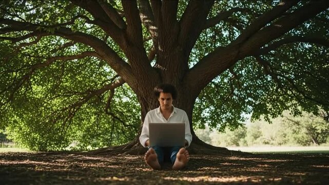 Young man working on laptop while sitting under large tree