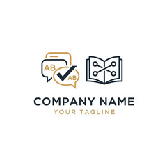 Modern logo design featuring speech bubbles, a checkmark, and an open book with interconnected elements, representing communication and knowledge.