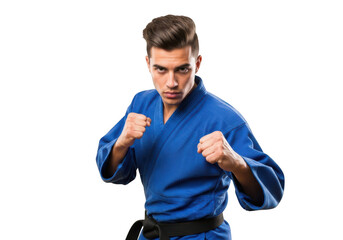 Aggressive karate fighter ready to strike, martial arts expert in blue gi, fighting stance, action pose, isolated on transparent background