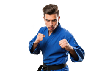Aggressive karate fighter ready to strike, martial arts expert in blue gi, fighting stance, action pose, isolated on transparent background