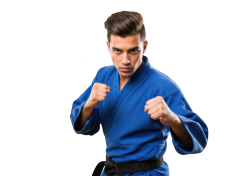 Aggressive karate fighter ready to strike, martial arts expert in blue gi, fighting stance, action pose, isolated on transparent background