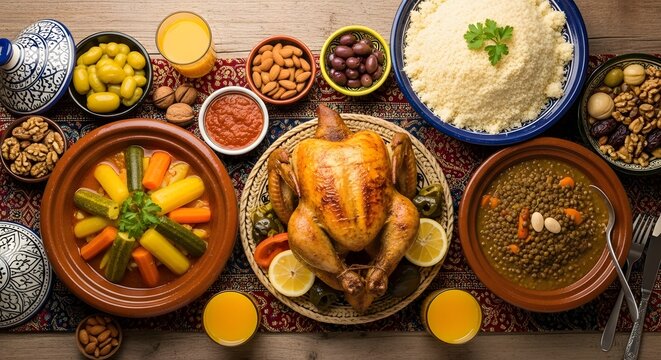 Traditional moroccan feast with roasted chicken couscous and vegetables