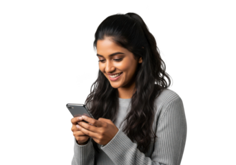 Smiling young woman using mobile phone, social media, communication, technology, happy girl holding smartphone isolated on transparent background
