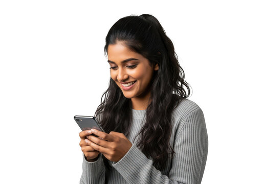 Smiling young woman using mobile phone, social media, communication, technology, happy girl holding smartphone isolated on transparent background