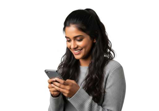 Smiling young woman using mobile phone, social media, communication, technology, happy girl holding smartphone isolated on transparent background