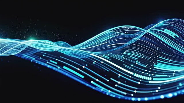 Dynamic abstract digital wave with glowing blue and cyan lines representing data flow and network connections.