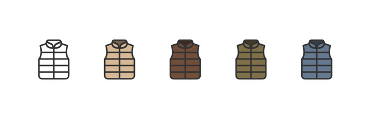 Padded sleeveless vest icons in five colors. Vector flat design icon set.