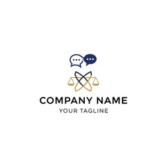Logo featuring speech bubbles and a stylized balance scale with abstract elements, representing communication and justice for a company.