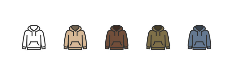 Colorful hoodie icon set in five neutral tones. Vector flat