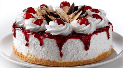 Delicious cake with cream and cherries looks irresistible, tempting with its perfection and rich flavors. Ready for party with delightful treat