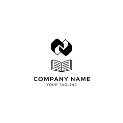 Fototapeta premium Minimalist black and white logo template featuring an abstract interlocking symbol above an open book.