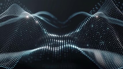 Abstract digital waves of glowing particles forming a futuristic data visualization or network structure on a dark background. - Powered by Adobe